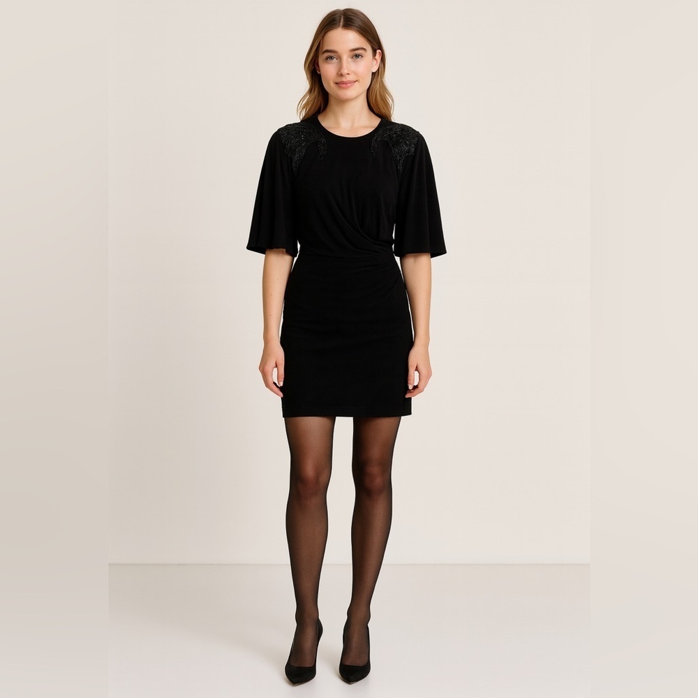 Vintage Erez black suede mini dress w flared short sleeves. Beaded sequined. 6